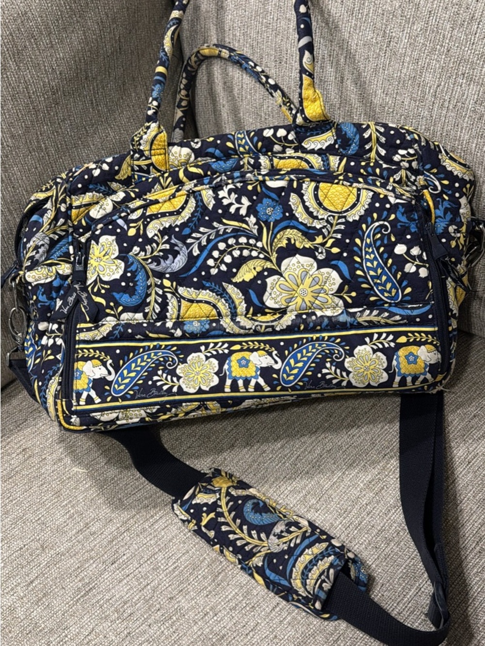 Vera Bradley Navy Quilted Duffel with Yellow & Blue Paisley Floral